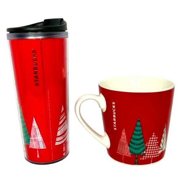 Starbucks 2017 Christmas Tree Red Holiday 16 Oz Tumbler & 18 Oz Coffee Mug Set